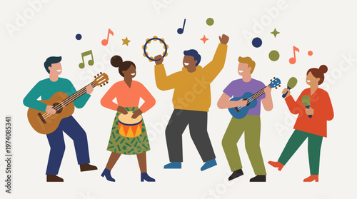 Diverse Group Enjoys Playing Musical Instruments Together Celebrating Music.