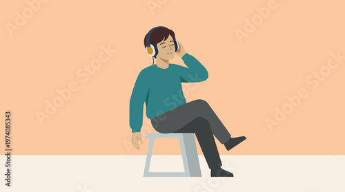 Person Relaxing and Listening to Music with Headphones on a Chair.