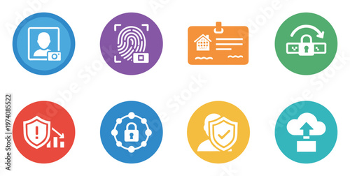 Digital security and identity verification icons symbolizing data protection, biometric access, cloud storage, and privacy for technology applications and online services