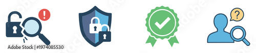 Comprehensive security and data privacy icon set featuring vulnerability assessment, robust protection, certified verification, and user identity investigation for digital safety