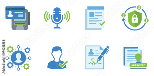 Collection of modern icons depicting user identity, secure financial transactions, voice authentication, document verification, and data protection processes for online services and