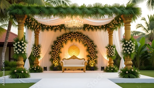 South Indian coconut leaf indian wedding stage decoration with greenery