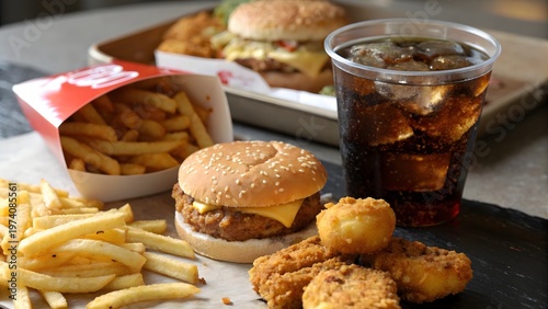Appetizing fast food snacks and beverage close up on table with rich textures and colorful presentation