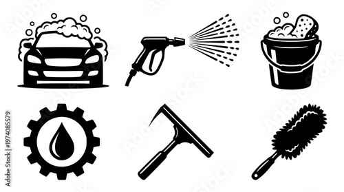 Car wash and maintenance vector graphic illustrations set
