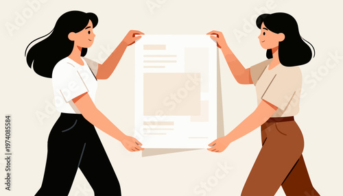 Two women jointly lift a large document with care. Their smiles reflect teamwork and shared purpose. Soft tones and minimal lines give the image calm clarity. Ideal for concepts of collaboration