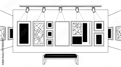 Modern art gallery interior with various framed artworks displayed