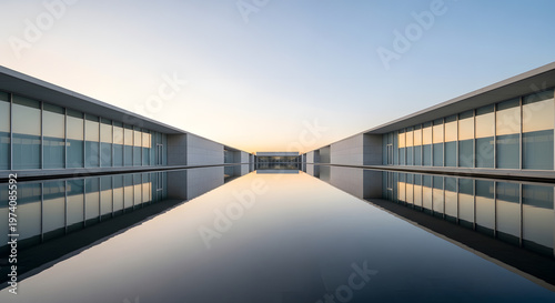 Modern minimalist architecture building with glass facade reflecting in a calm water pool at sunset