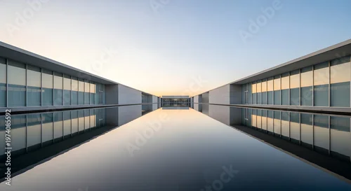 Obraz Modern minimalist architecture building with glass facade reflecting in a calm water pool at sunset