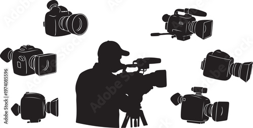 Silhouette of a cameraman with multiple video cameras around
