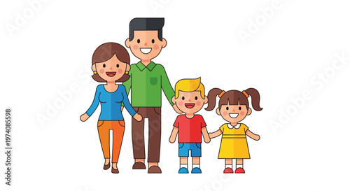 Happy nuclear family illustration featuring smiling parents and two joyful children, symbolizing togetherness and modern family values in a cheerful graphic design