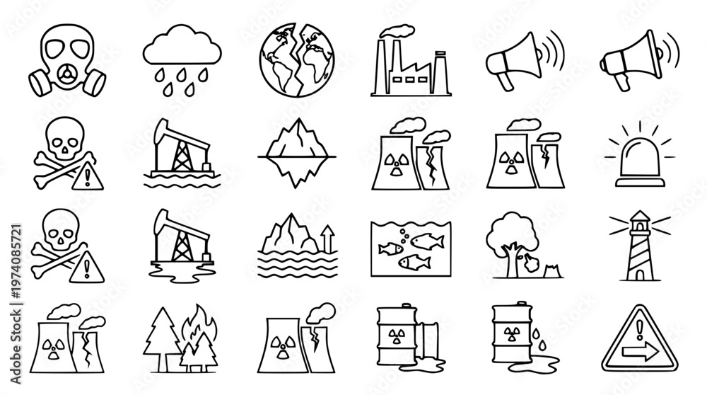 Fototapeta premium Environmental pollution icons set with industrial and warning symbols