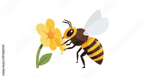 Vibrant cartoon illustration of a cheerful honeybee diligently gathering sweet nectar from a bright yellow flower, embodying the essence of spring and biodiversity