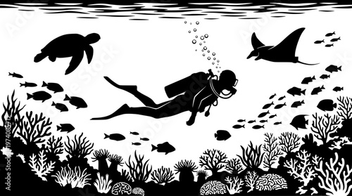 Scuba diver exploring underwater coral reef with sea creatures