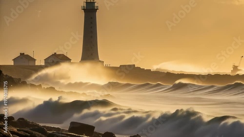 Coastal Scene with Lighthouse and Waves at Sunset in Golden Light