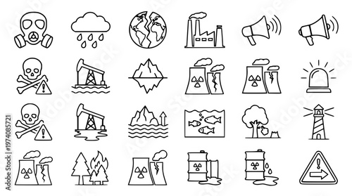 Environmental pollution icons set with industrial and warning symbols