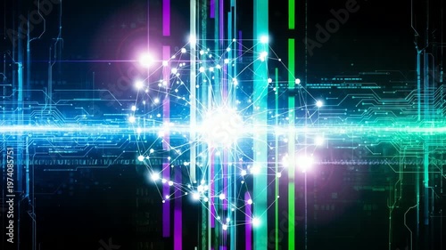 Abstract digital artwork depicting vibrant light beams and geometric patterns in a futuristic setting