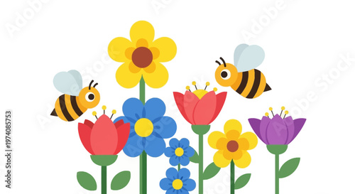 Charming illustration of two happy bees buzzing around colorful blooming flowers on a white background