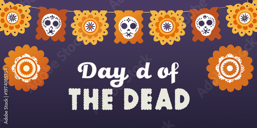 Colorful day of the dead banner with sugar skull decorations