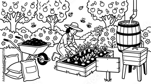 Woman planting seedlings in a garden with a wheelbarrow
