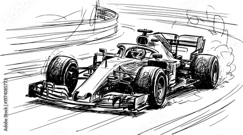 Racing car speeding around a track curve fast