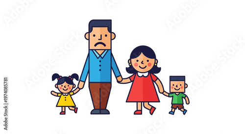 Contemporary illustration capturing complex family emotions, featuring a father's quiet sorrow amidst the happiness of his wife and two children
