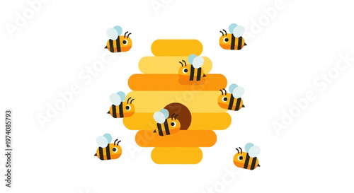 Charming cartoon illustration of busy bees buzzing around a vibrant yellow beehive, symbolizing industry, cooperation, and the sweet essence of nature