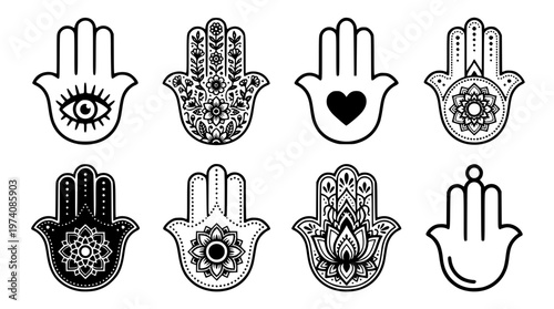 Various hamsa hand designs with unique patterns and symbols