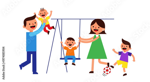 Happy Family Enjoying Outdoor Activities Together Parents Playing With Children on Swing and Kicking a Soccer Ball