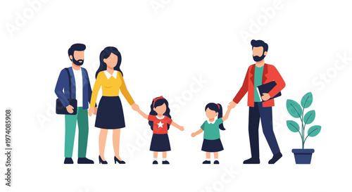 Illustration of two happy families with children enjoying time together outdoors