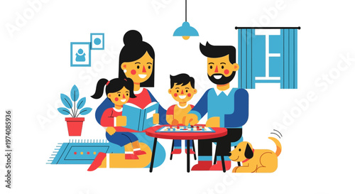 Joyful Family Spending Quality Time Together at Home, Reading Books and Playing Board Games with Their Beloved Pet Dog