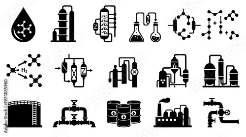 Vector graphic illustration of various industrial and chemical process designs