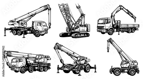 Various construction cranes and trucks in a vector illustration