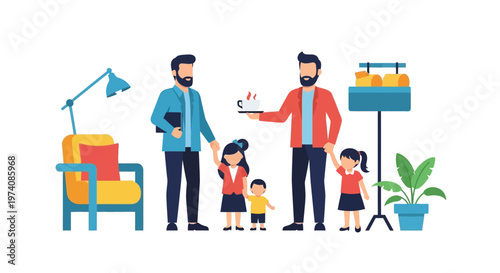 Vibrant illustration of a loving family enjoying a cozy domestic scene, with two parents and their children spending quality time at home