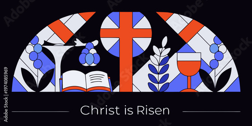 A stained glass depiction of christian religious symbols and easter celebration