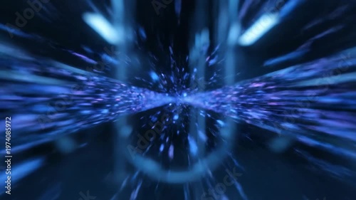 Abstract Blue Light Particles Flowing Through a Futuristic Tunnel, Data Stream in a Digital Network.