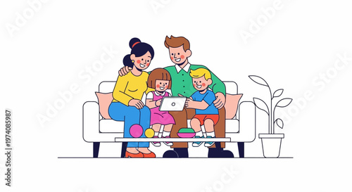 Illustration of a happy family gathered on a couch, enjoying screen time together on a tablet device