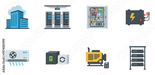 Comprehensive collection of data center infrastructure icons illustrating network operations power supply cooling and cloud services for technology and server administration visual assets