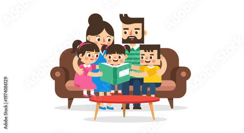Happy Family Bonding Parents and Children Enjoying Cozy Story Time Together on a Couch at Home