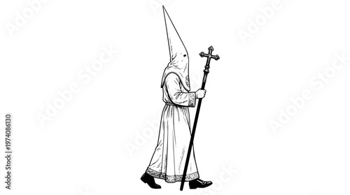 Klansman walking with a cross on a staff
