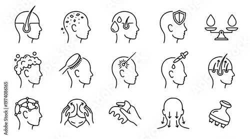 Vector graphic illustration of various hair care and scalp treatments