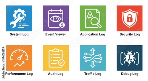 Essential collection of computer system, application, and security log icons for illustrating IT infrastructure monitoring, data analysis, and network performance in technical documentation