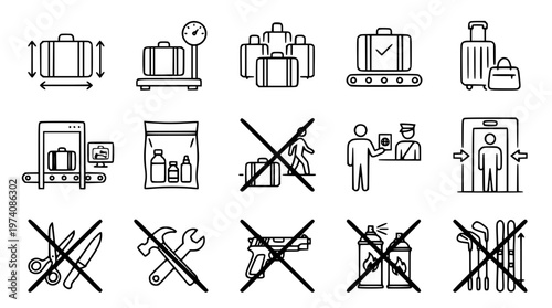 Airport luggage vector graphic icons for travel restrictions guidelines