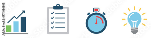 Flat vector icons showing business progress, successful task completion, efficient time management, and innovative idea generation for business presentations and strategic planning