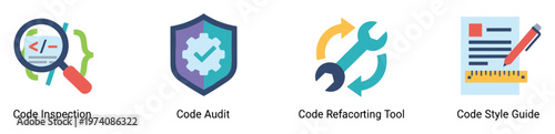 Software development process icons for code inspection, audit, refactoring, and style guide, useful for programming, quality assurance, and project management presentations.