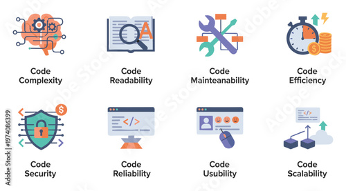 Comprehensive icon collection showcasing essential code quality metrics such as complexity readability maintainability efficiency security reliability usability and scalability useful for