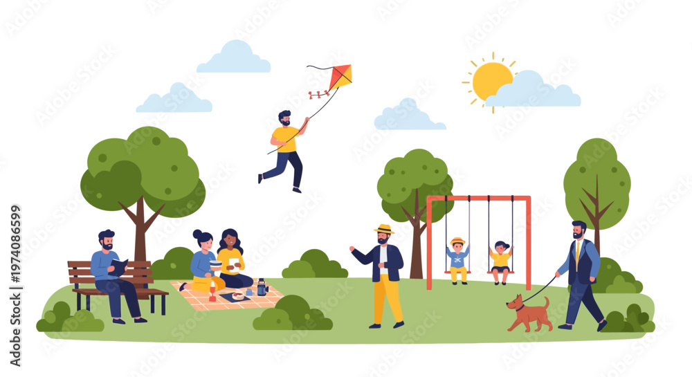 Fototapeta premium A sunny day in the park with families enjoying outdoor activities and recreation on a vibrant green lawn
