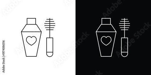 Outline icon of a mascara tube with a heart and applicator, symbolizing beauty, eye makeup, and cosmetic care essentials in a clean, minimalist vector graphic