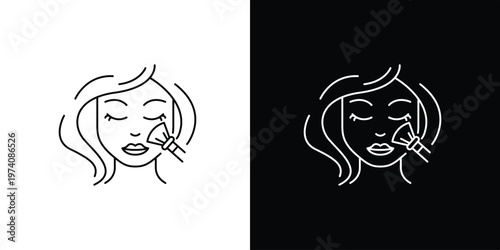 Single Icon of Minimalist Line Art Illustration of a Woman Applying Cosmetic Makeup with a Brush, Depicting a Skincare and Beauty Routine