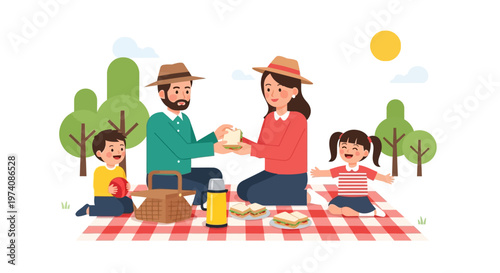 Happy family enjoying a picnic lunch outdoors on a checkered blanket surrounded by trees and sunshine