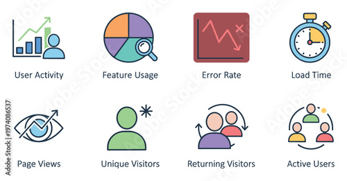 Comprehensive collection of user activity and performance metrics icons for website analytics dashboards, application interfaces, and business data reporting presentations